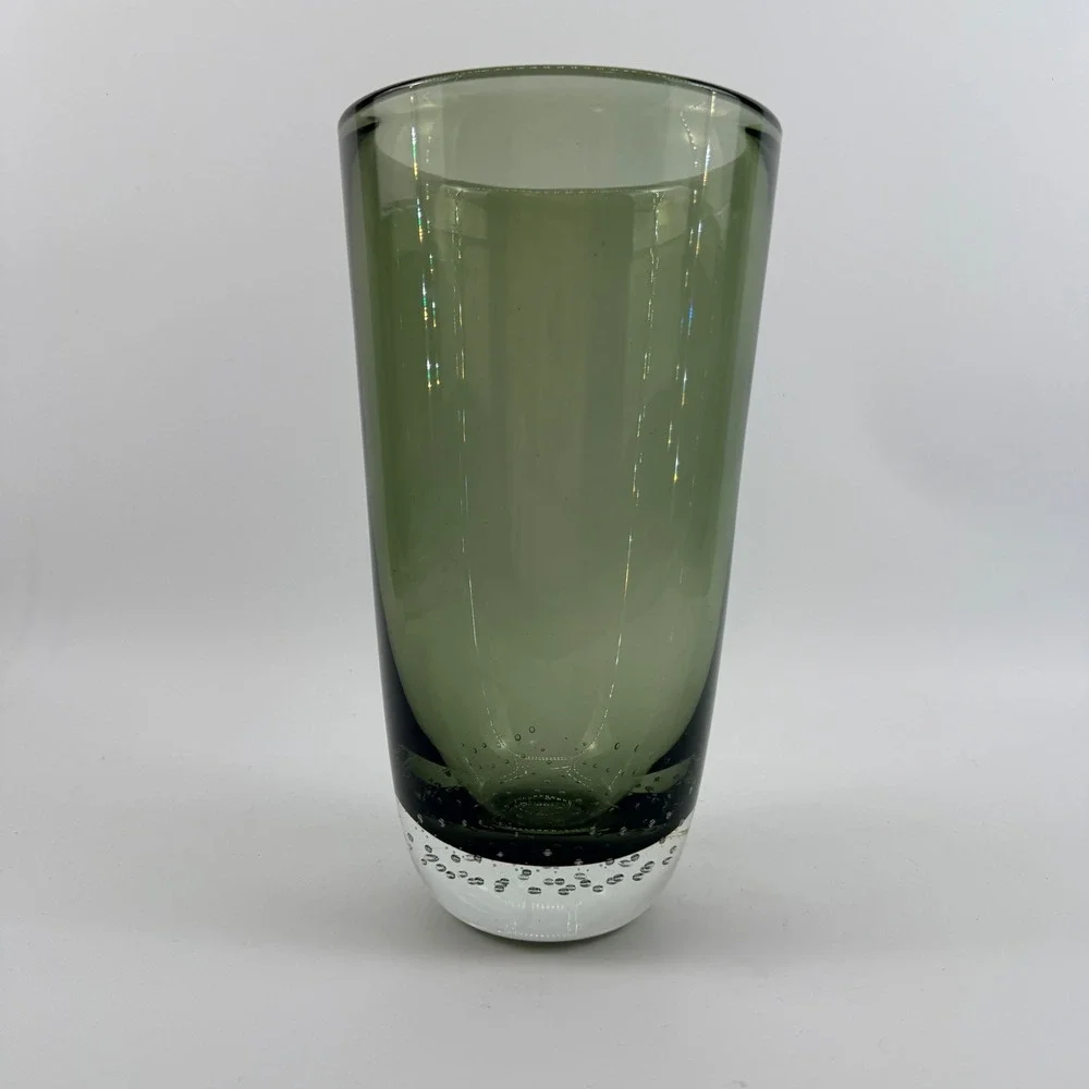 Attributed Carl Erickson Studio Art Glass Olive Green Bubble Cylinder Vase